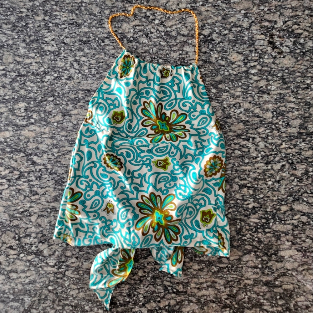 MILLY Aqua Retro Print Silk Gold Chain Adjustable Closure Vintage Halter Top